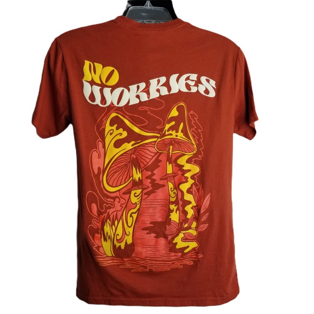 RGSTR Mushroom Tee Medium Rust Orange No Worries Graphic Festival Hippie